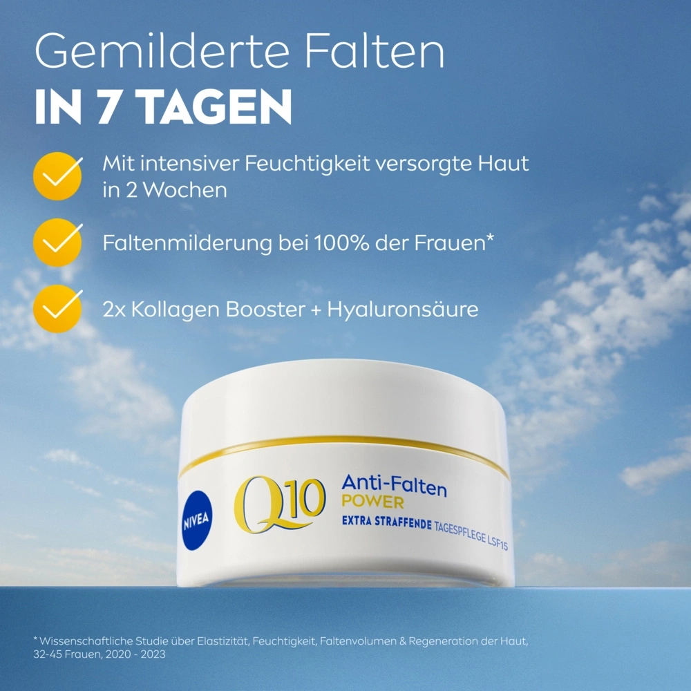 Nivea Q10 Power Anti-Falten Tagespflege mit Hyaluronsäure und Kollagen Booster.