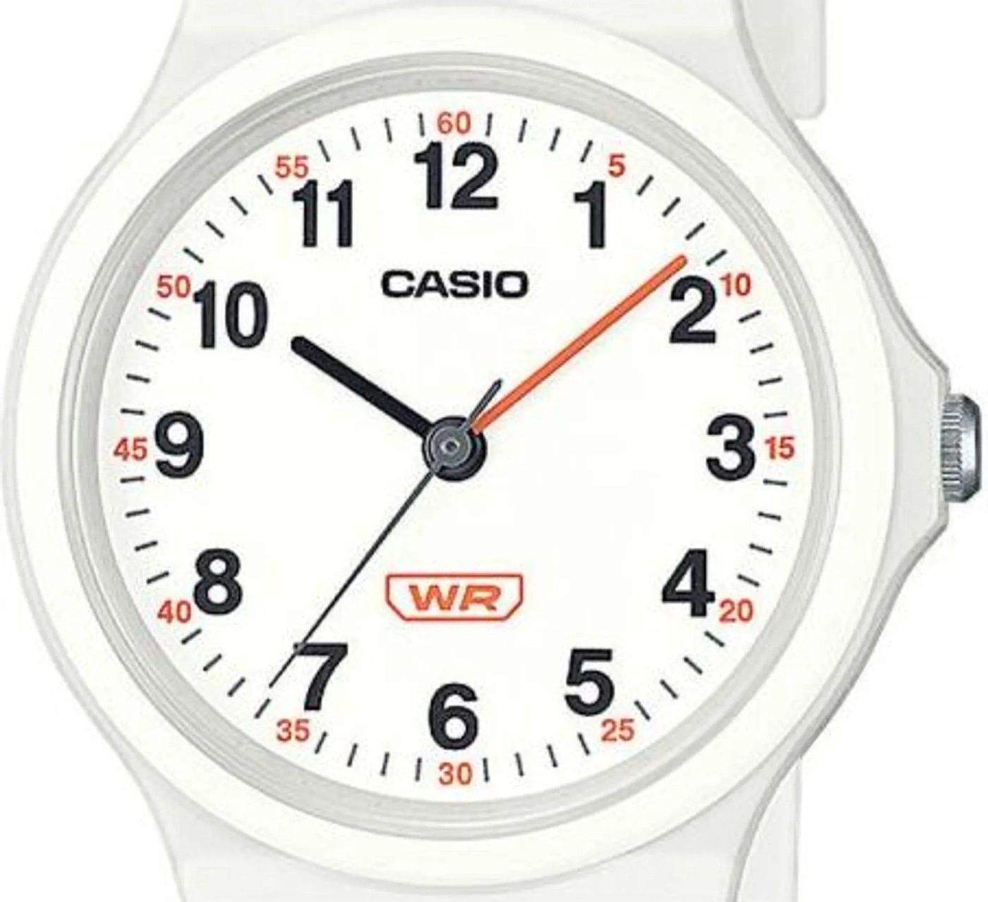 Weiße Casio-Uhr mit schwarzen Zahlen und roten Akzenten.