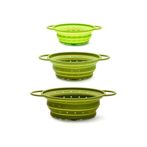 BETTY BOSSI Dämpf- und Abtropfsieb, faltbar – 3er-Set Silikon Metall Grün NEU