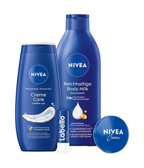 NIVEA Wohlfühl-Momente Geschenkset, Creme Body Milk Pflegedusche Labello