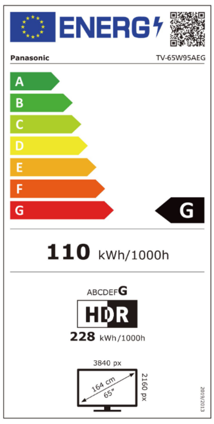 Energieeffizienzlabel für Panasonic TV, Energieklasse G, 110 kWh/1000h