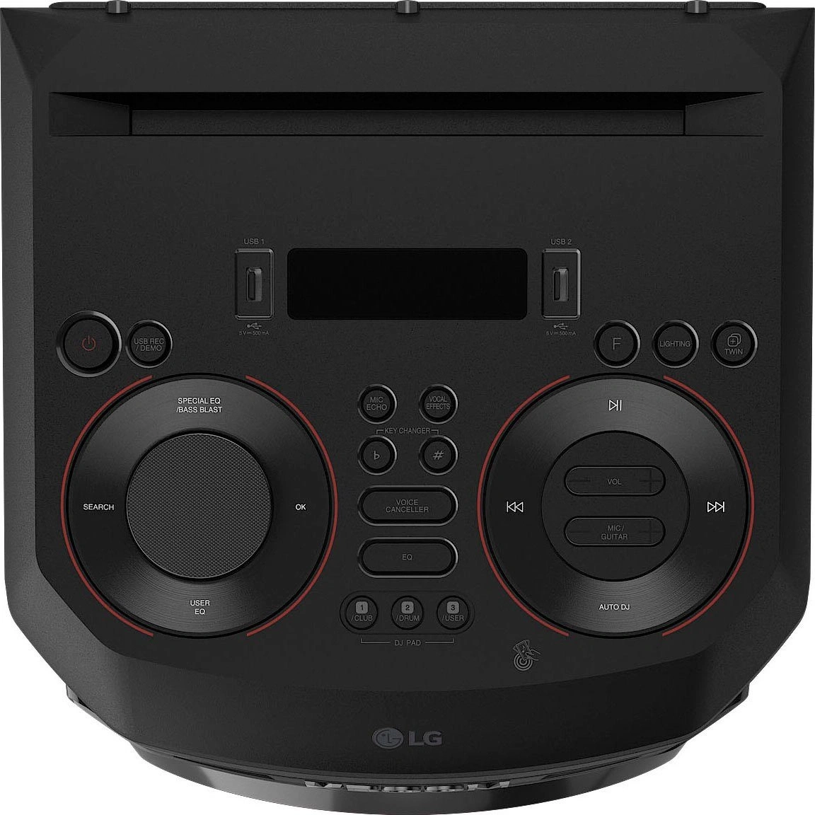 Schwarzer LG-Lautsprecher mit DJ-Steuerungen und Lichtern