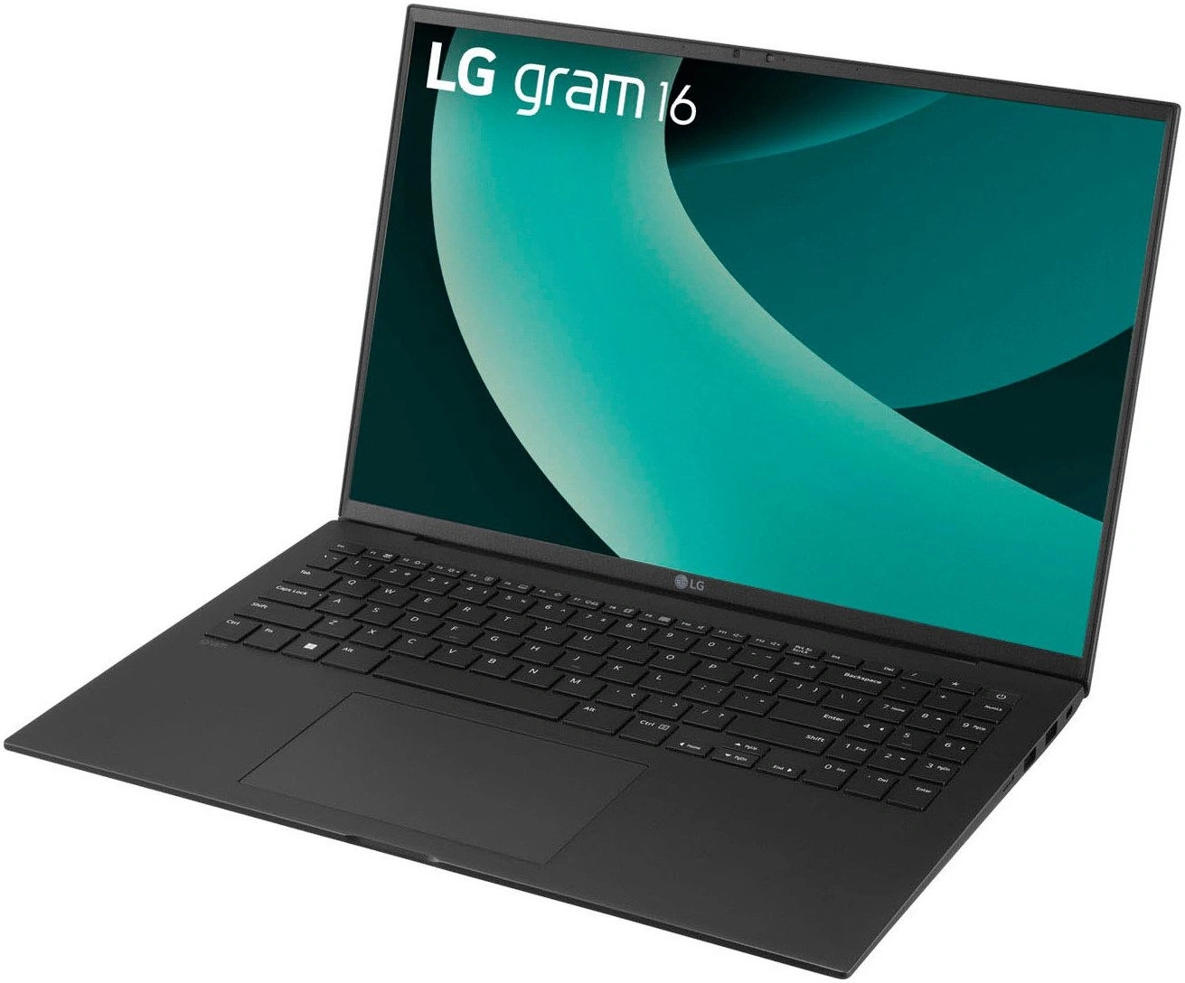 Ein schwarzer LG Gram 16 Laptop mit einem grünen Hintergrund auf dem Bildschirm.