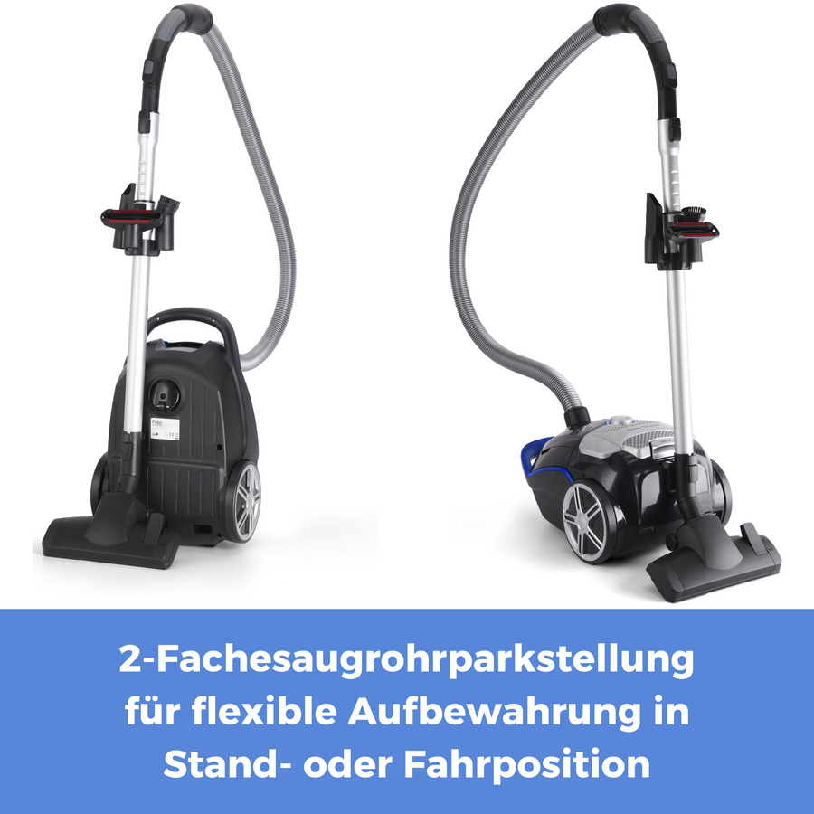 Zwei Staubsauger mit Saugrohrhalterung für flexible Aufbewahrung in Stand- oder Fahrposition.