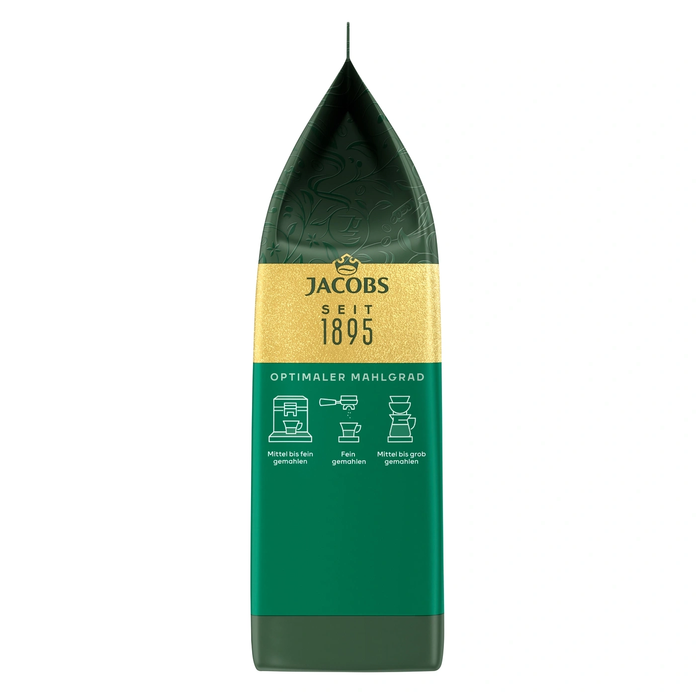 Eine grüne Kaffeepackung von Jacobs mit der Aufschrift "Optimaler Mahlgrad" und drei Symbolen für verschiedene Mahlgrade.