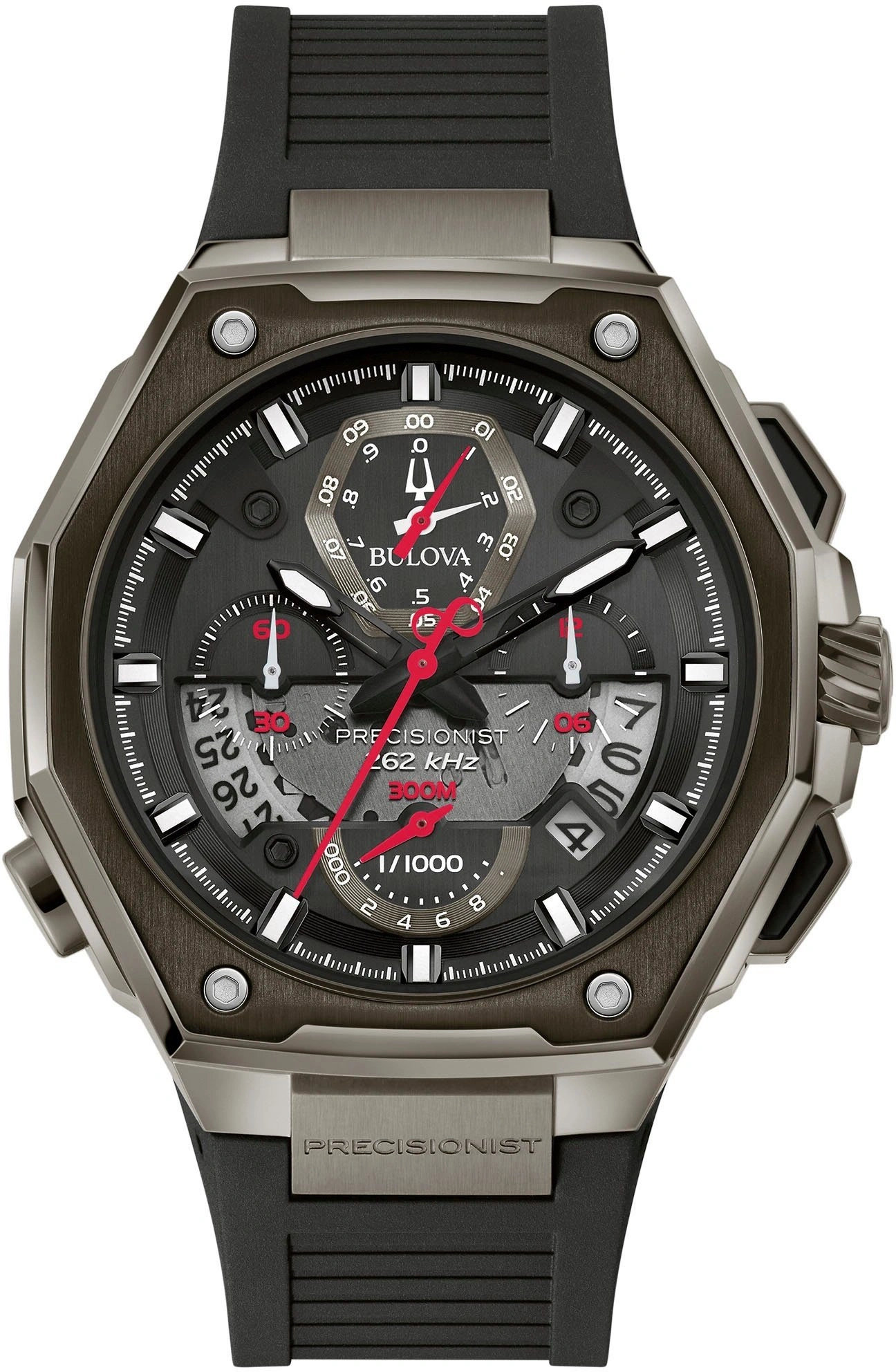 Bulova Precisionist Uhr, schwarzes Zifferblatt, rote Zeiger, Chronograph, 300M wasserdicht, 262 kHz
