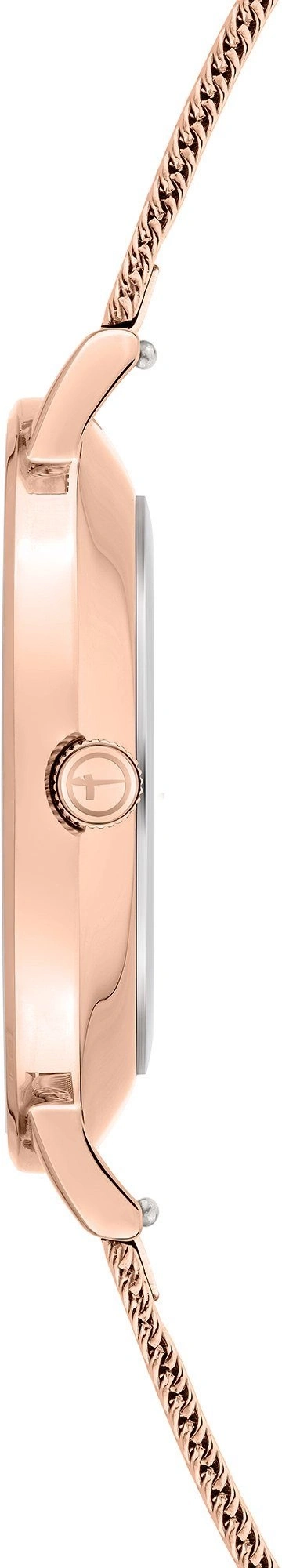 Nahaufnahme einer rosegoldfarbenen Uhr mit einem stilisierten Pfeil auf der Krone