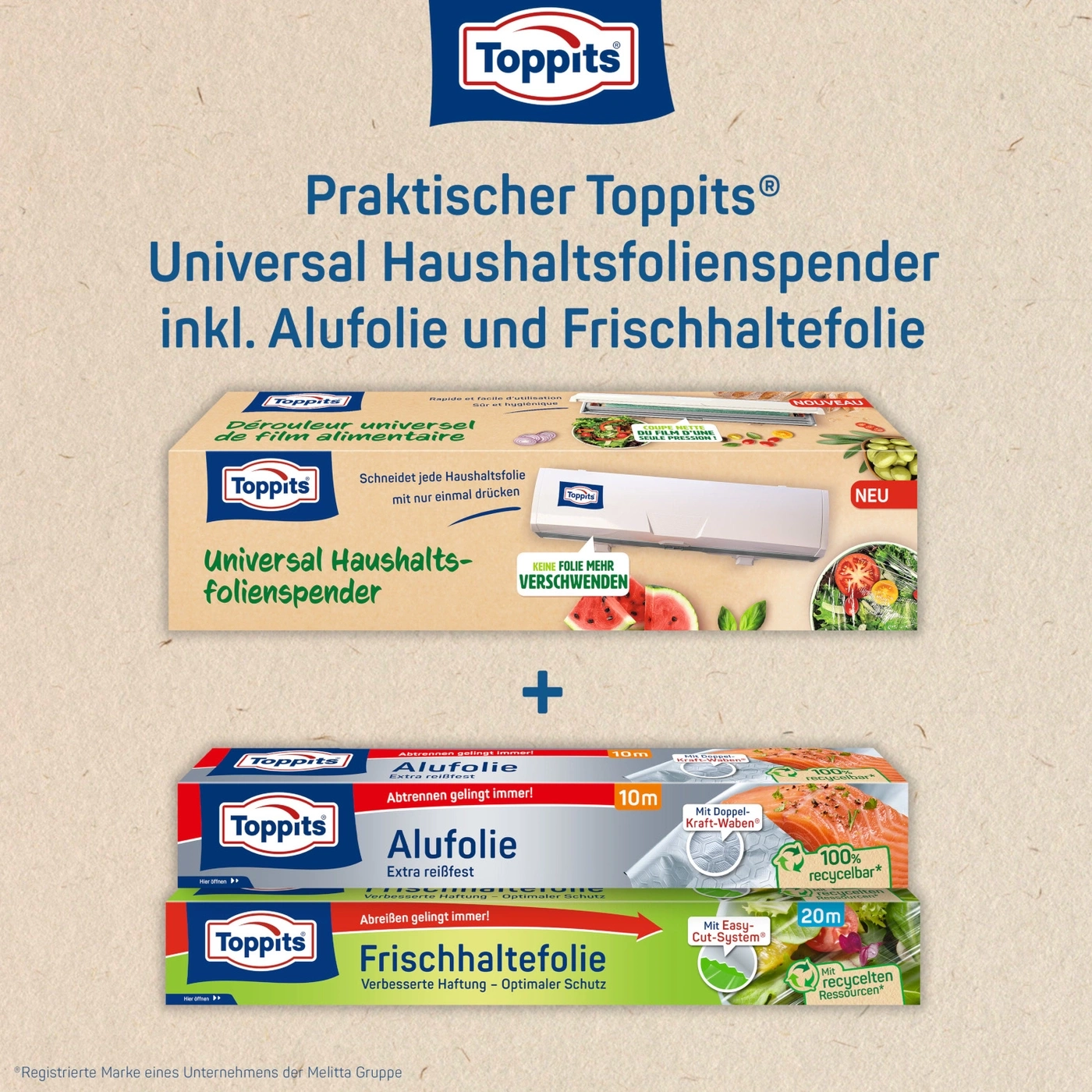 Toppits Universal Haushaltsfolienspender mit Alufolie und Frischhaltefolie.