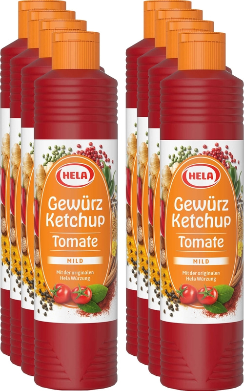8 x Hela Ketchup Tomate mild Gewürzketchup 800 ml Flasche Ketchupflasche