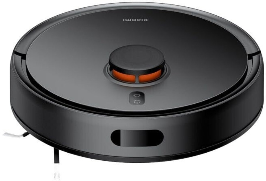 Ein schwarzer Roboter-Staubsauger mit einem kreisförmigen Design und einem Knopf.