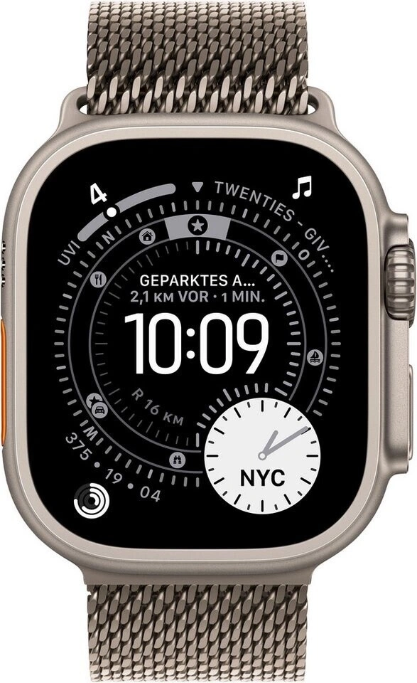 Eine Smartwatch mit digitaler Zeitanzeige und kleinem Zifferblatt