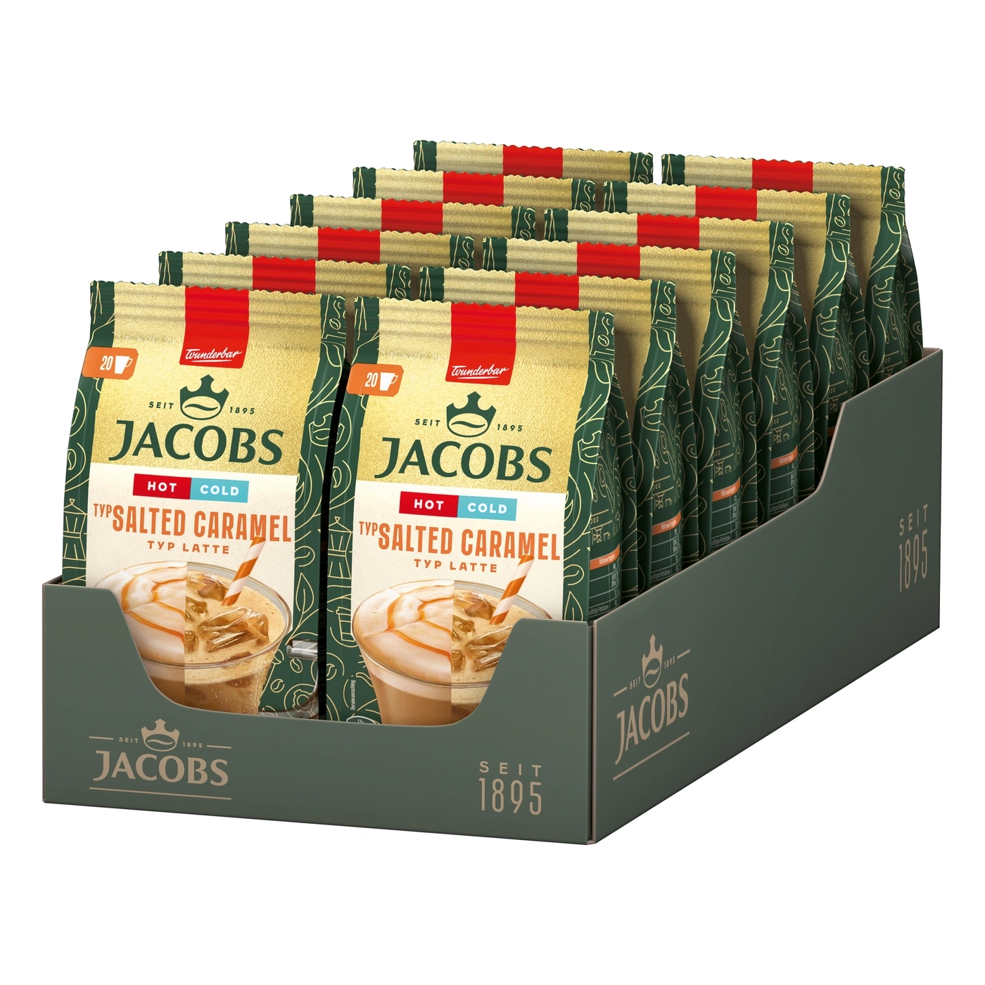 Ein Karton mit vielen Packungen Jacobs "Salted Caramel" Kaffeegetränkepulver.