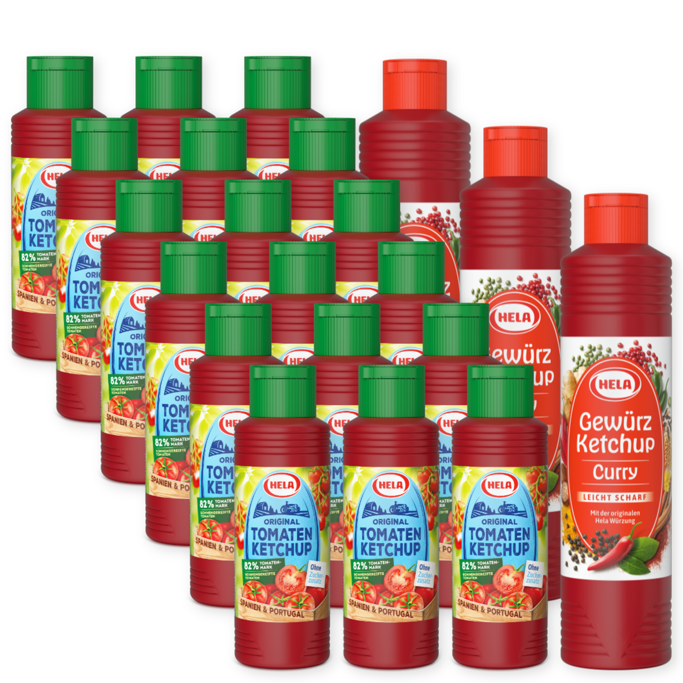 Eine Gruppe von HELL Gewürzketchup-Flaschen in Original und Curry, arrangiert in Reihen und gestapelt.
