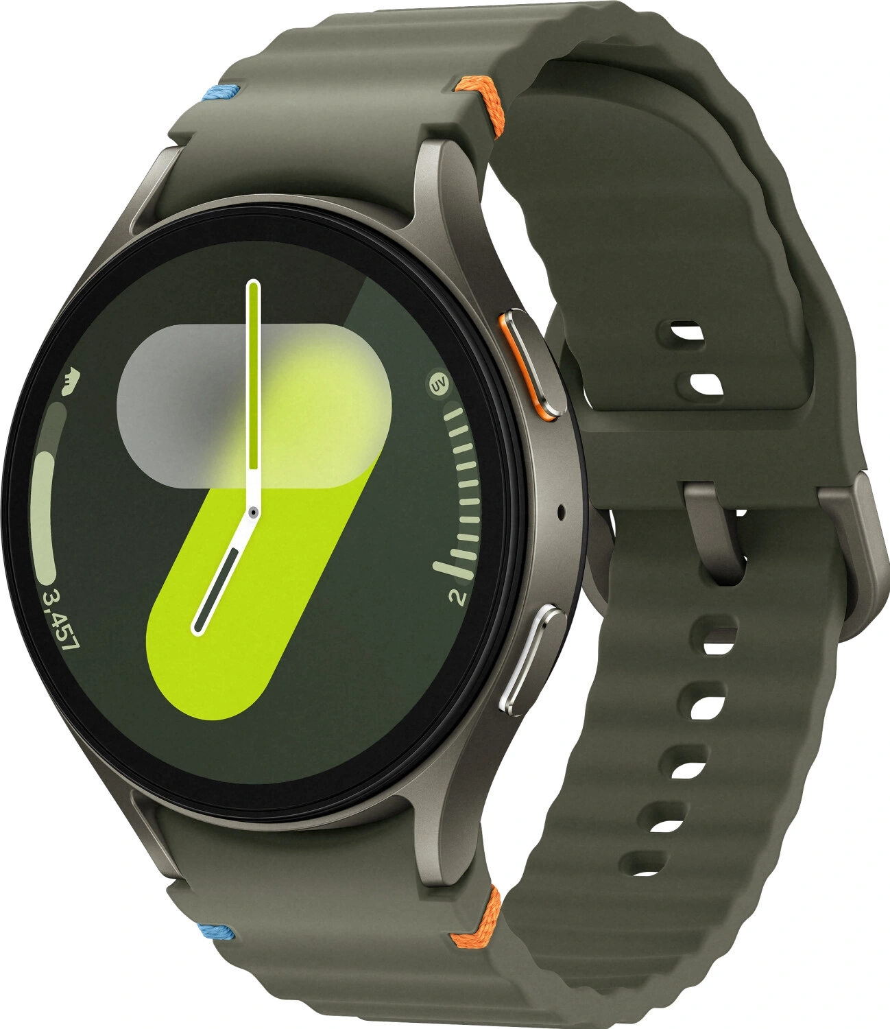 Eine grüne Smartwatch mit einem großen Zifferblatt und einem bunten Armband, das Details wie Schritte und UV-Index anzeigt.