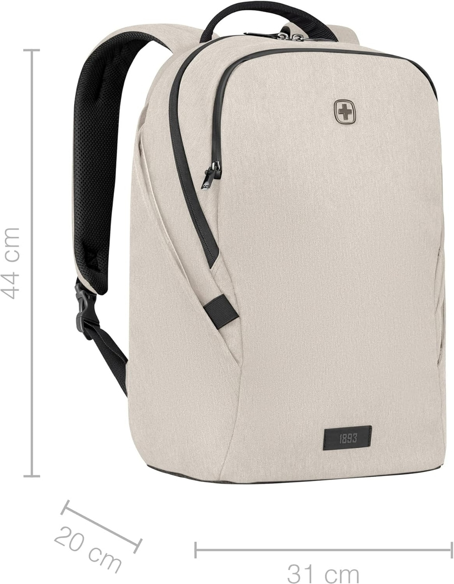 Beige Rucksack, 44 cm hoch, 31 cm breit, 20 cm tief, mit Reißverschluss und Logo