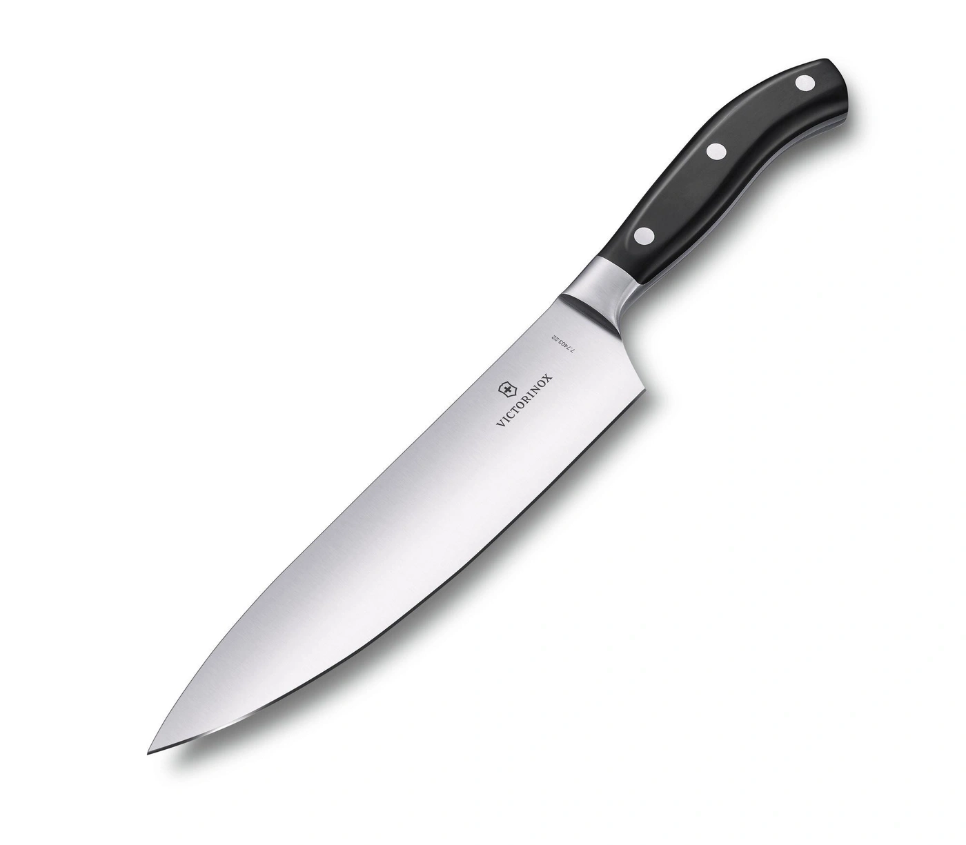 Ein Küchenmesser mit schwarzem Griff und silberner Klinge, Victorinox-Logo.