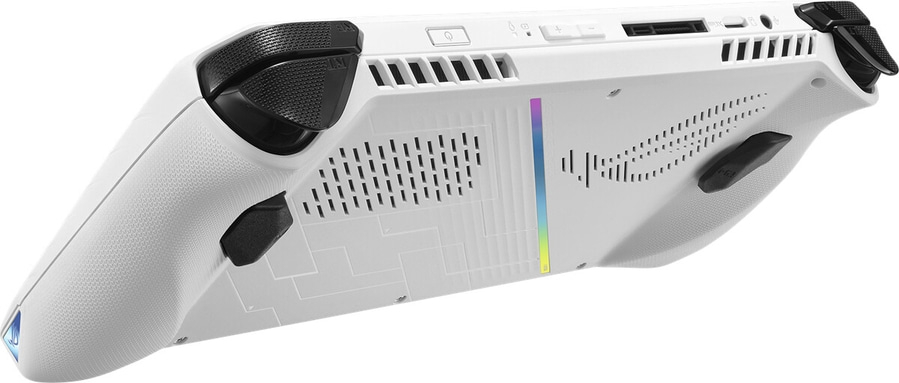 Weißer Handheld-Gaming-PC mit schwarzen Knöpfen und Lüftungsschlitzen