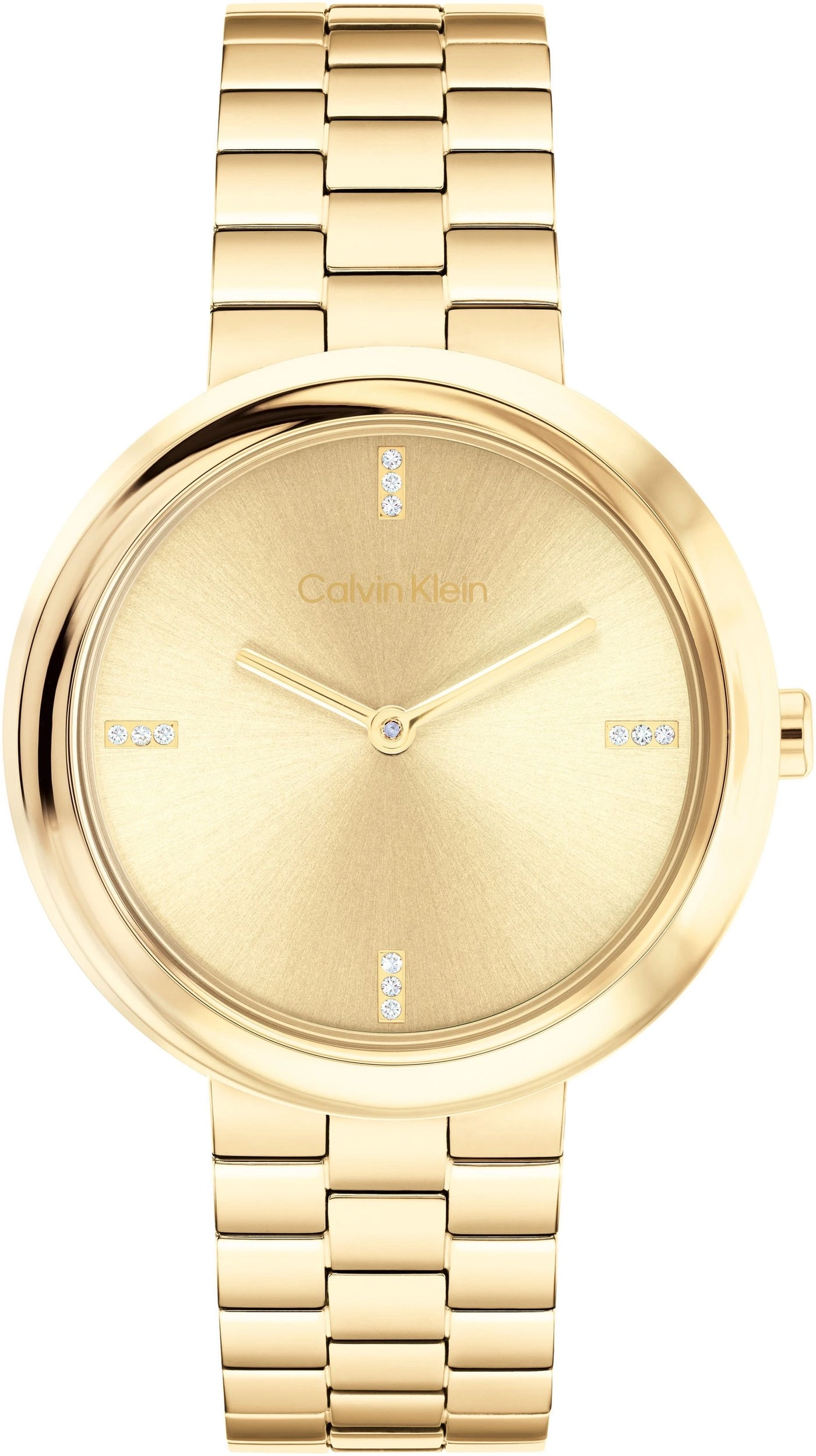 Eine goldene Calvin Klein Damenuhr mit funkelnden Ziersteinen auf dem Zifferblatt und einem Metallarmband.