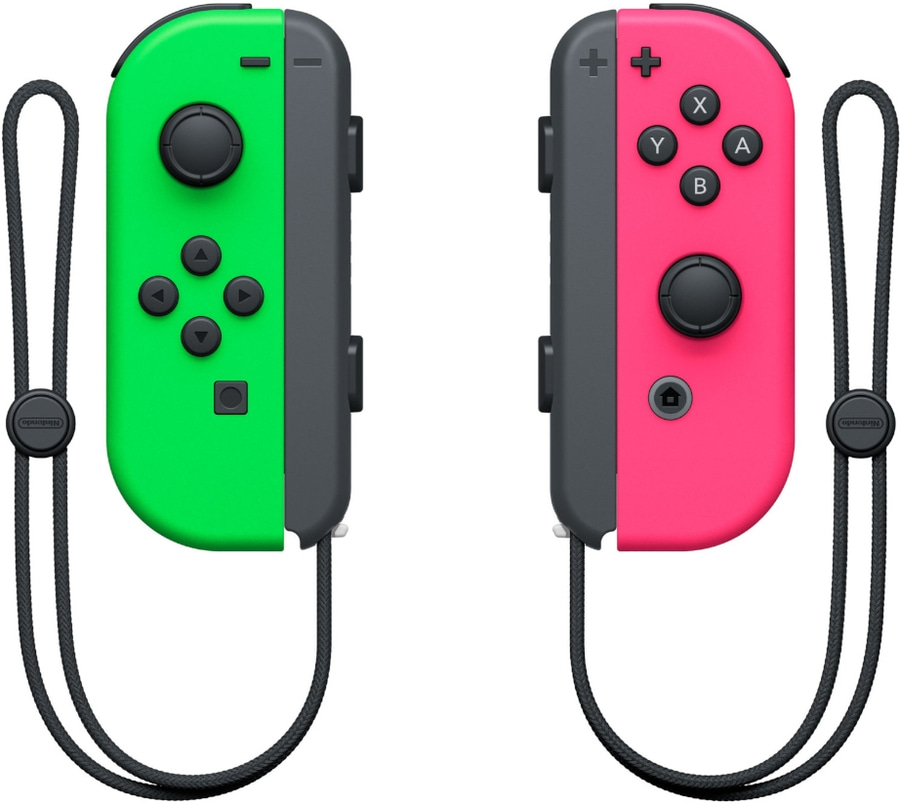 Zwei Nintendo Switch Joy-Con-Controller in Grün und Pink mit schwarzen Handgelenkschlaufen.