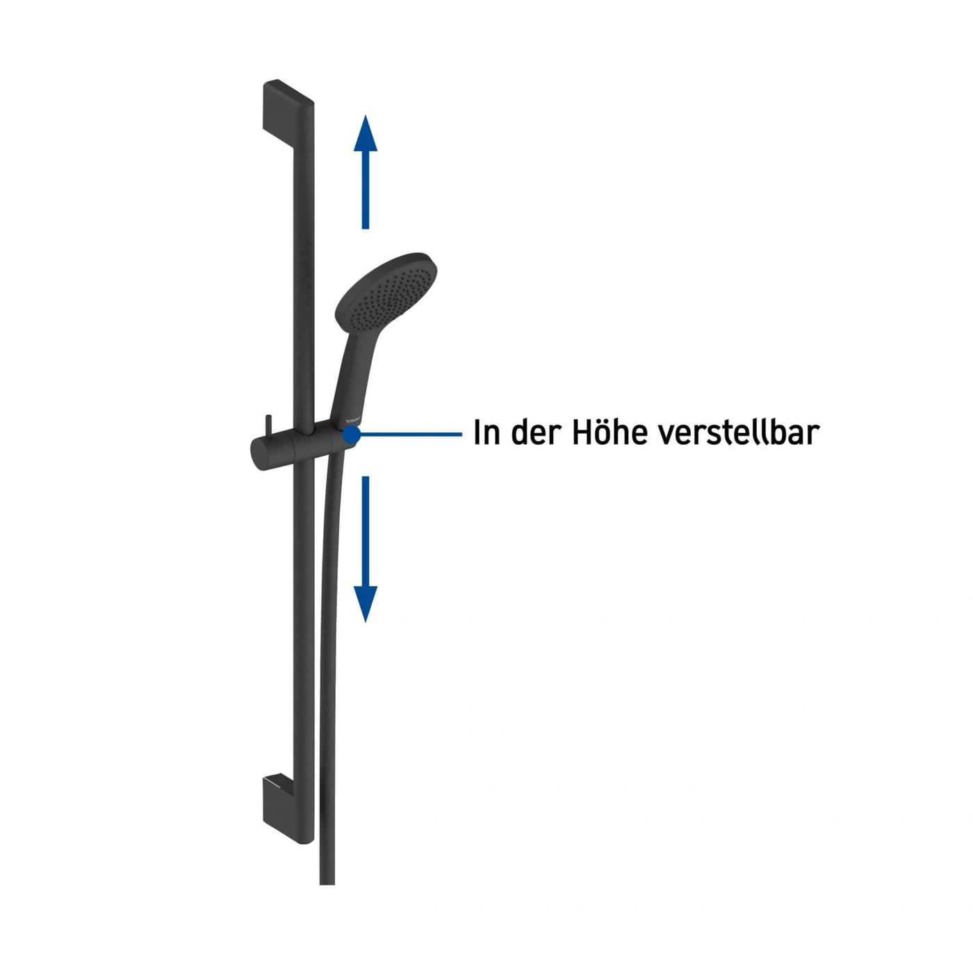 Duschstange mit höhenverstellbarer Brause, Pfeile zeigen die Richtung an.