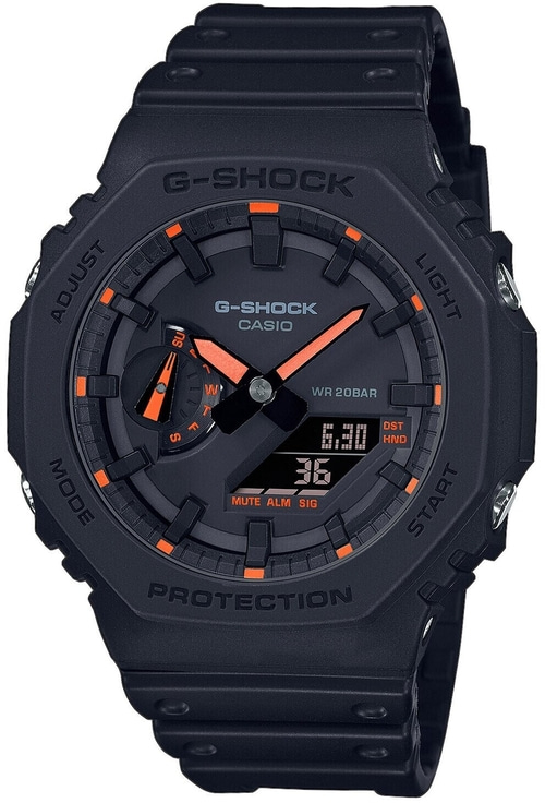 Schwarze G-Shock Uhr mit orange Akzenten und Digitalanzeige