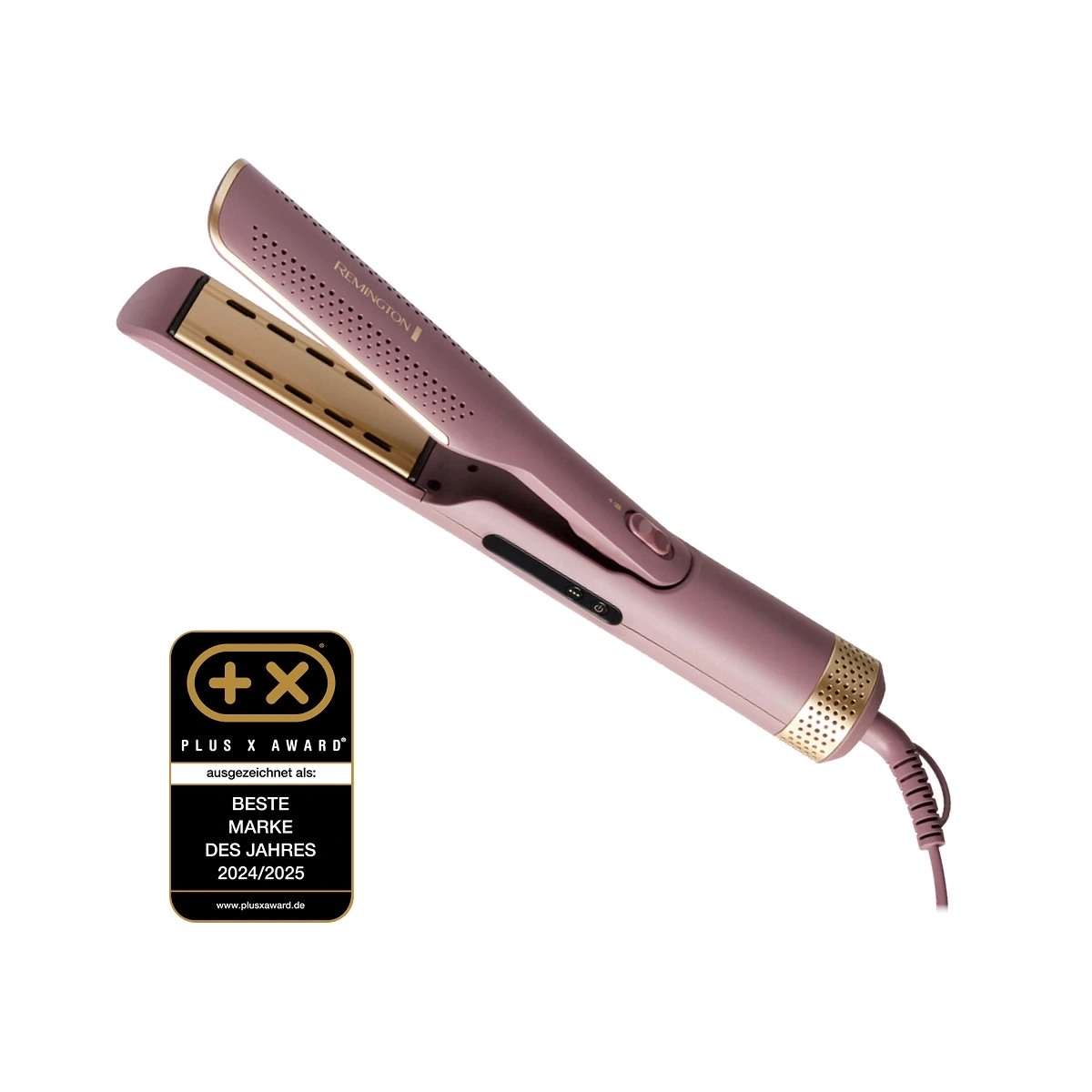 Ein rosafarbenes Glätteisen von Remington mit goldenen Elementen und einem Plus X Award Siegel.