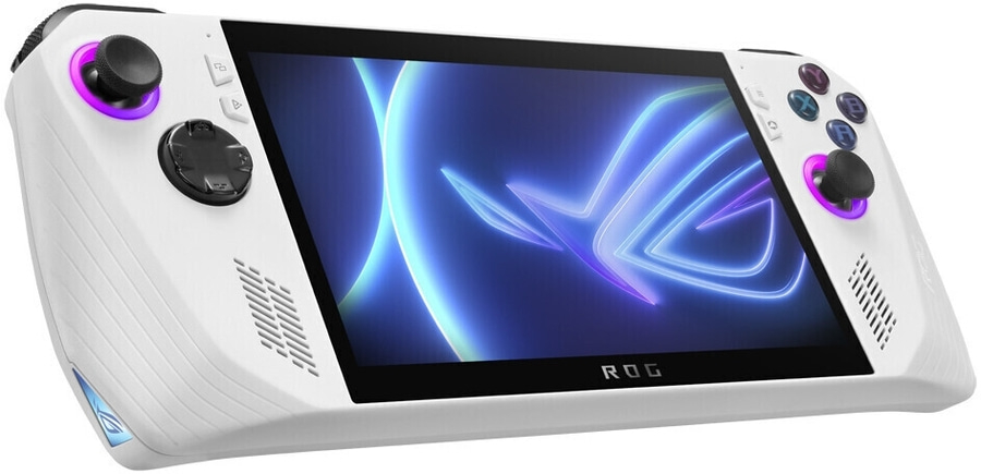 Weißer Handheld-Gaming-PC mit leuchtenden Bedienelementen und ROG-Logo auf dem Bildschirm.
