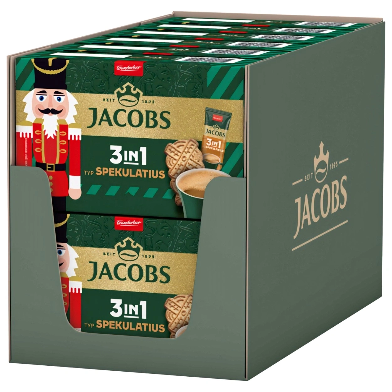 Eine Box mit Jacobs 3in1 Spekulatius Kaffee und Weihnachtsmotiven.