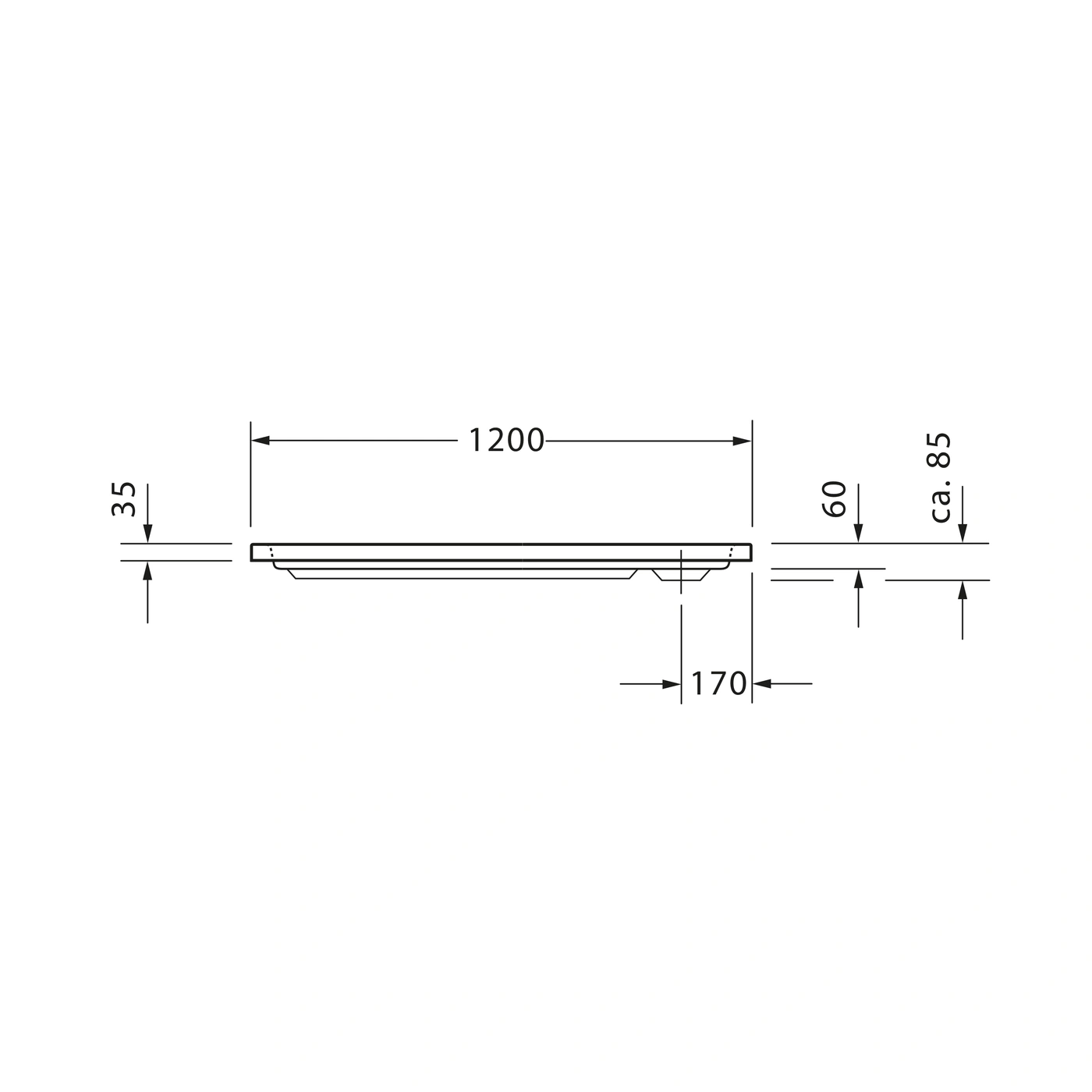 Abmessungen einer rechteckigen Platte: 1200x35x60mm, ca. 85mm hoch, 170mm breit.