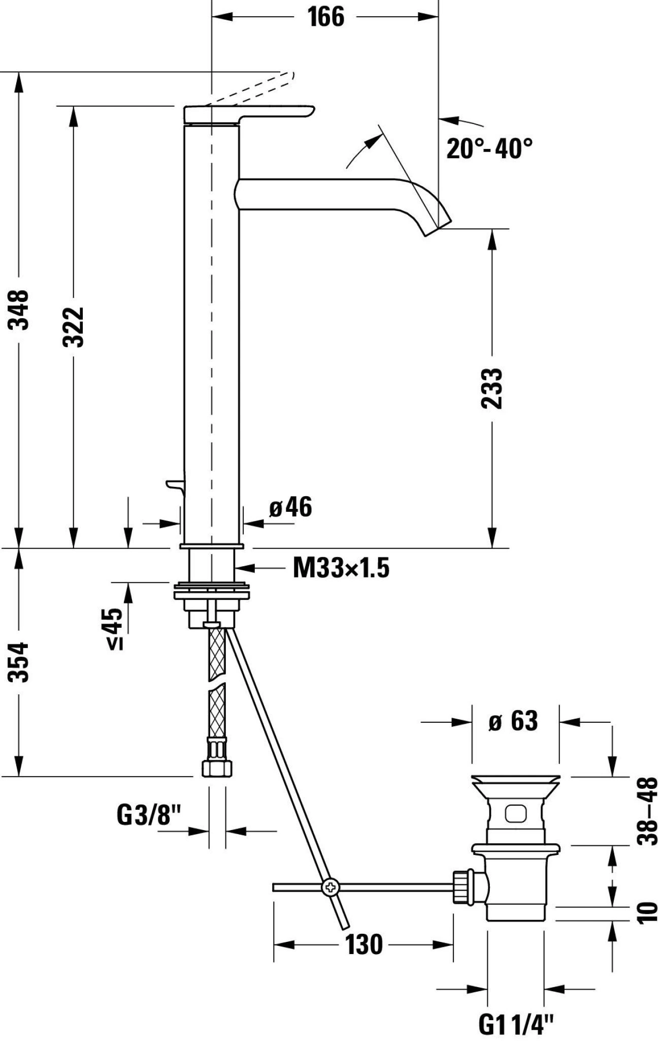 Armatur mit Maßen: 348, 322, 354, 166, 233, 63, 130, 38-48, 10, Ø46, M33x1.5, G3/8", G1 1/4"