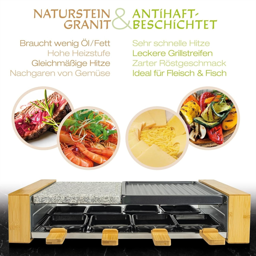 Raclette-Grill mit Naturstein und Antihaftbeschichtung für Fleisch und Gemüse.