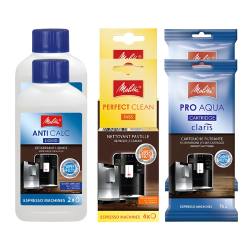 Melitta Produkte: Anti Calc, Perfect Clean Tabs, Pro Aqua Filterkartuschen für Espressomaschinen.