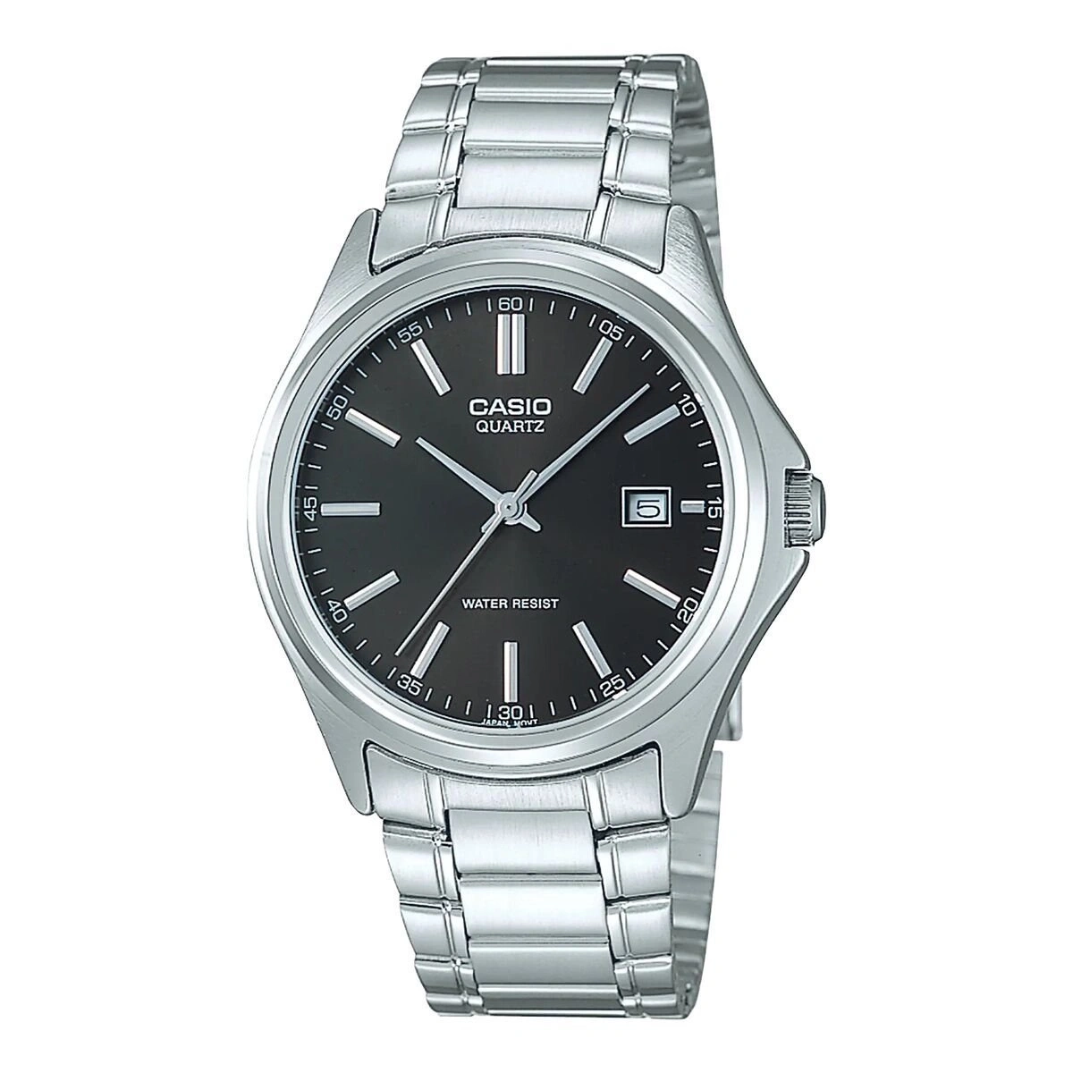 Silberne Armbanduhr mit schwarzem Zifferblatt und Datumsanzeige