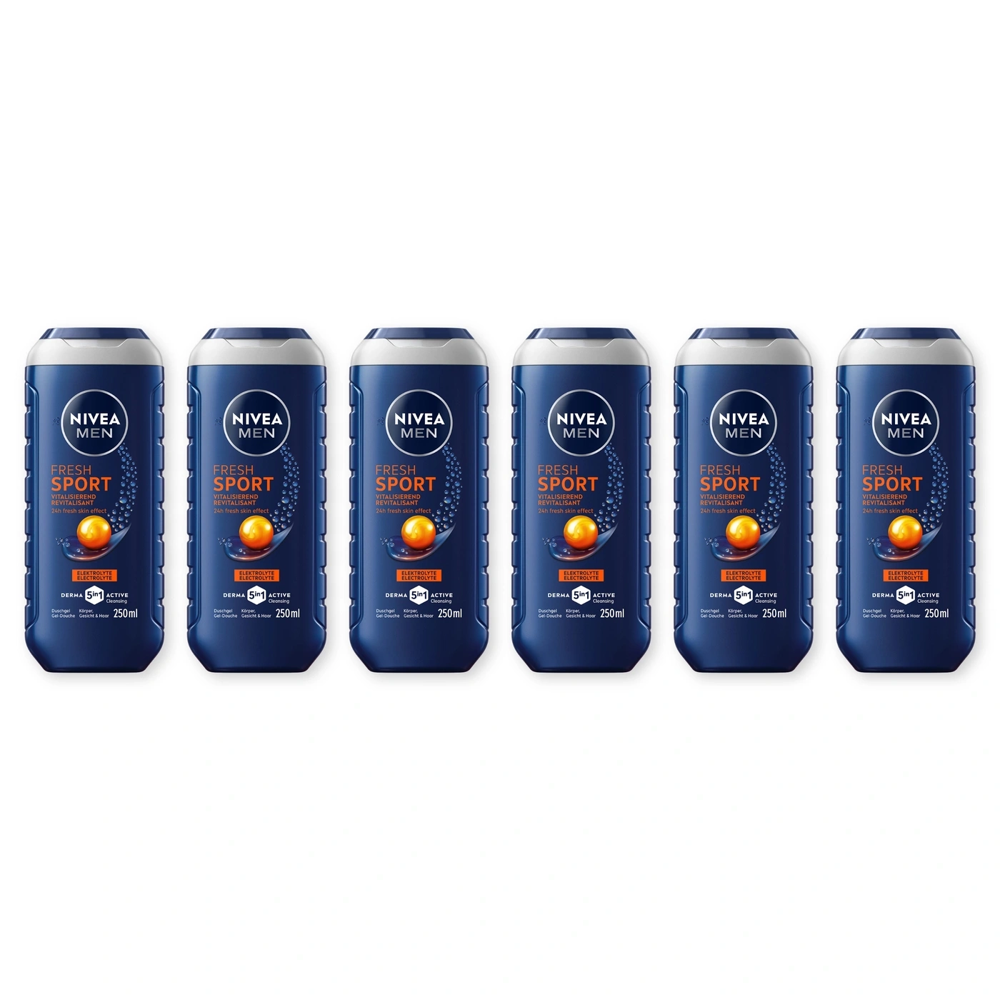 Sechs NIVEA MEN Duschgels in einer Reihe