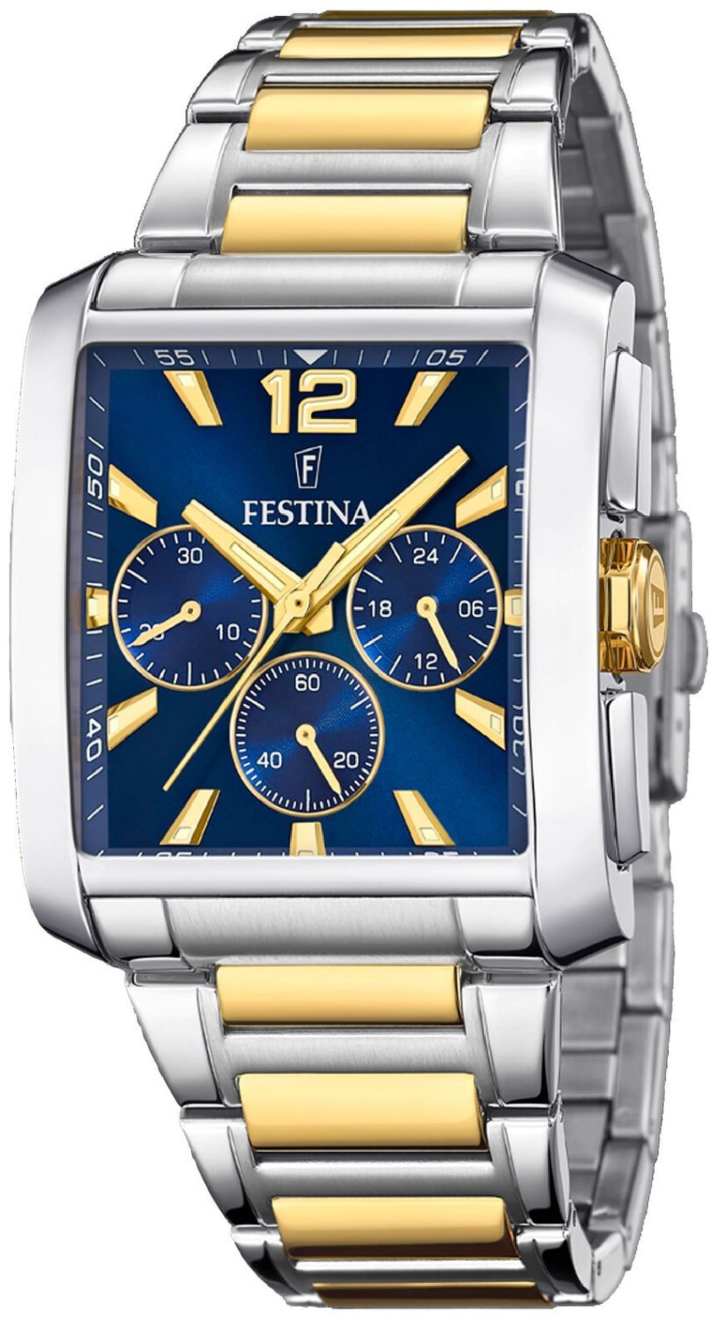 Eine silberne und goldene Herrenuhr von Festina mit blauem Zifferblatt.