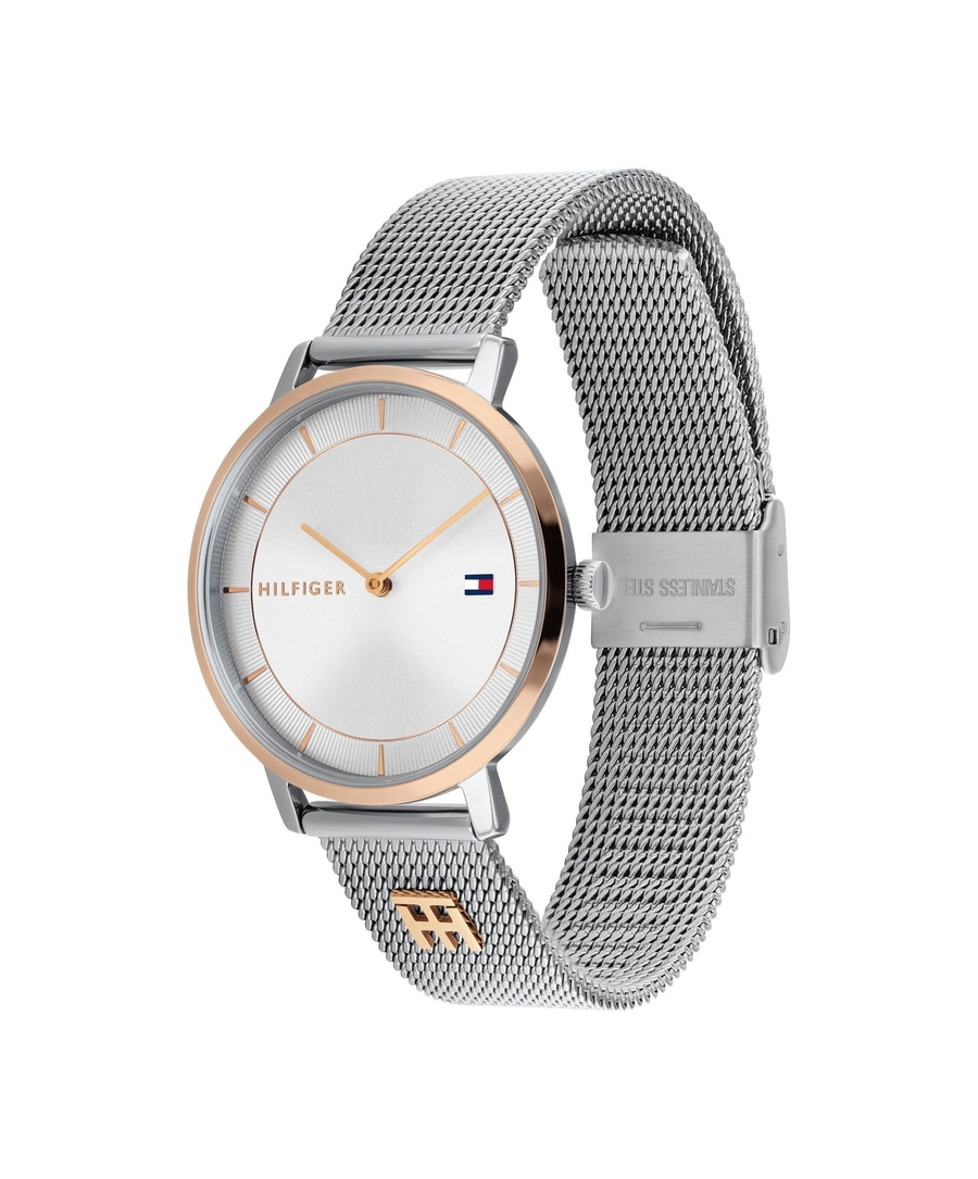 Tommy Hilfiger Damenuhr mit silbernem Mesh-Armband und roségoldfarbenem Zifferblatt