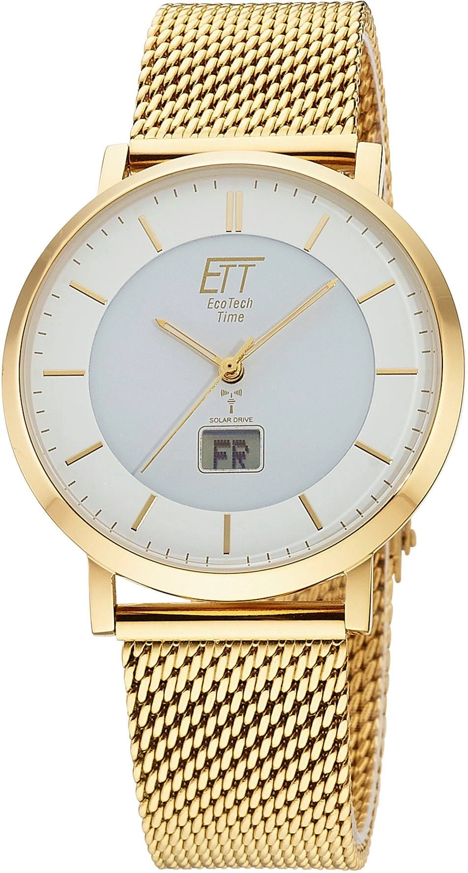 Eine goldene Uhr mit einem weißen Zifferblatt und einem digitalen Display.