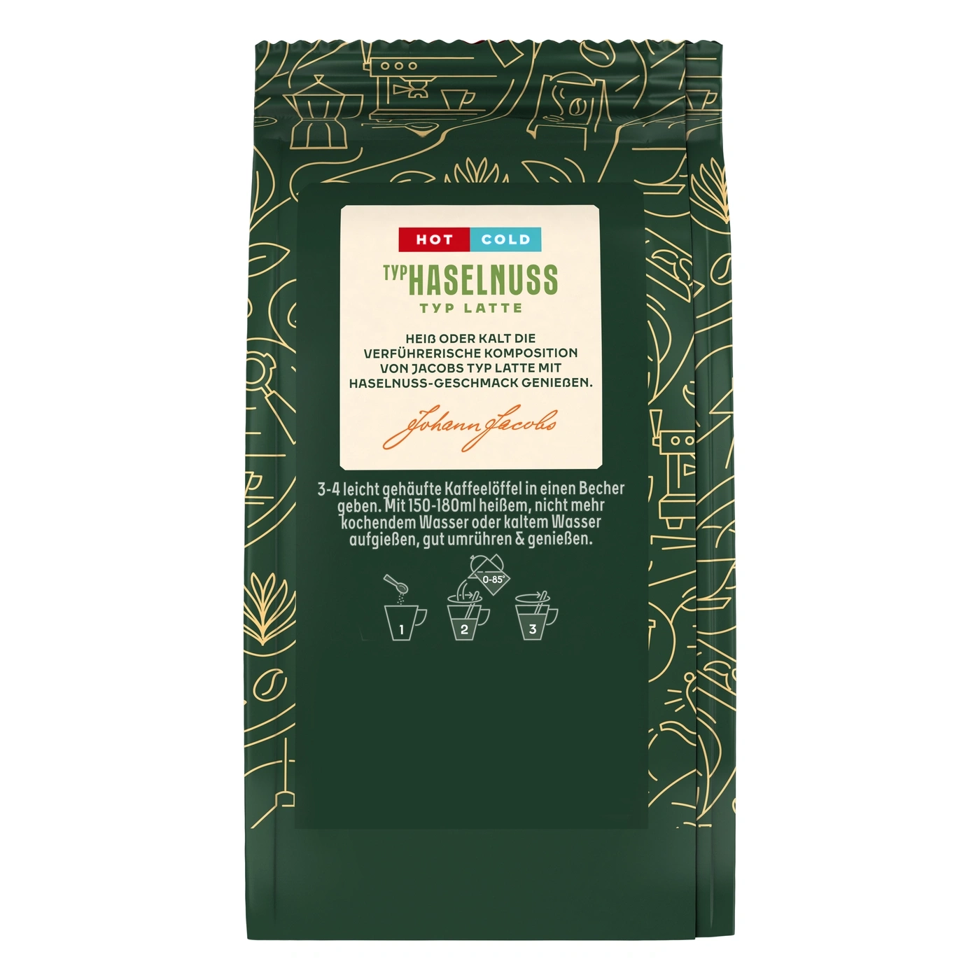 Ein grünes Päckchen Jacobs Typ Latte Haselnuss mit Zubereitungshinweisen.