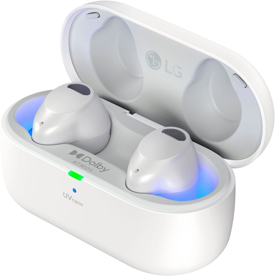 Weiße kabellose Ohrhörer mit Ladecase, Dolby Atmos und UV nano Technologie.