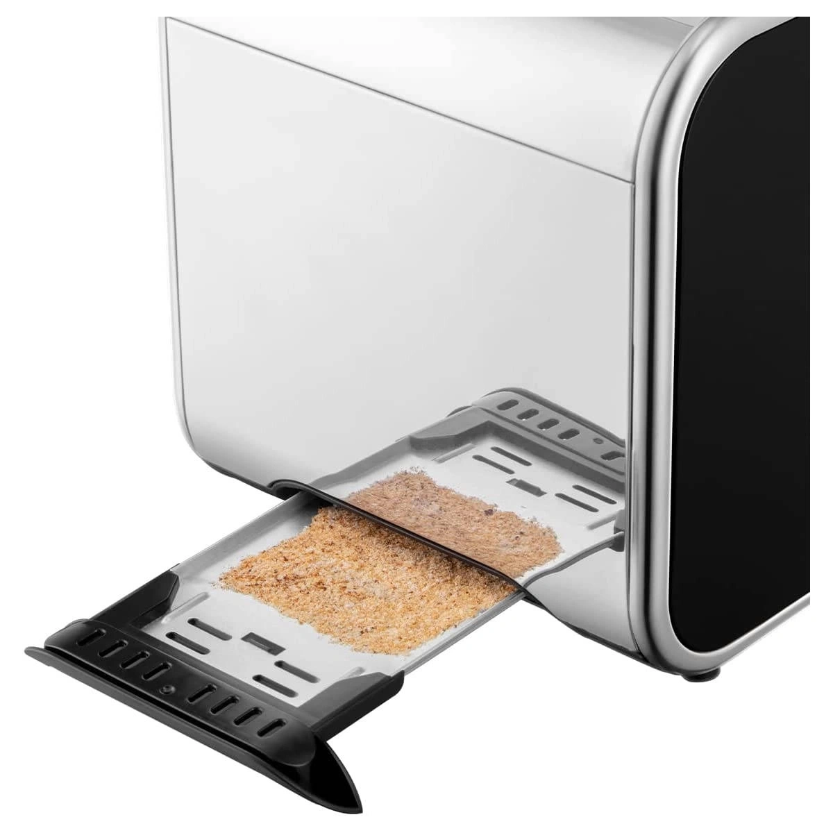 Nahaufnahme eines Toasters mit Krümeln in der Krümelschublade