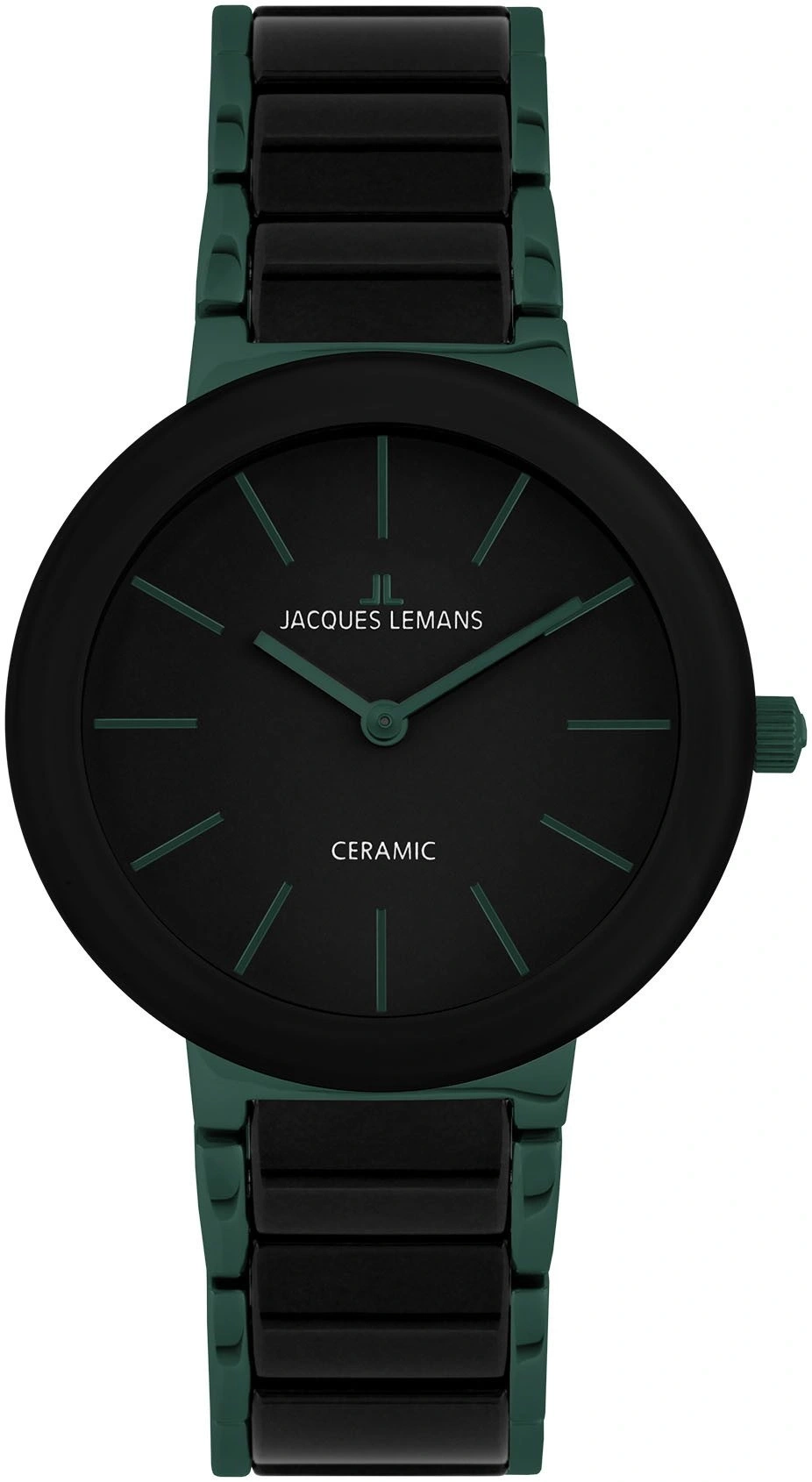 Schwarze Jacques Lemans Keramikuhr mit schwarzem Zifferblatt und grünen Akzenten