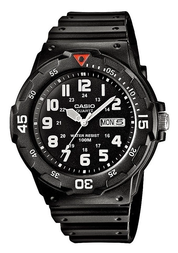 Ein schwarzes Casio Quarz-Armbanduhr mit Tages- und Datumsanzeige.