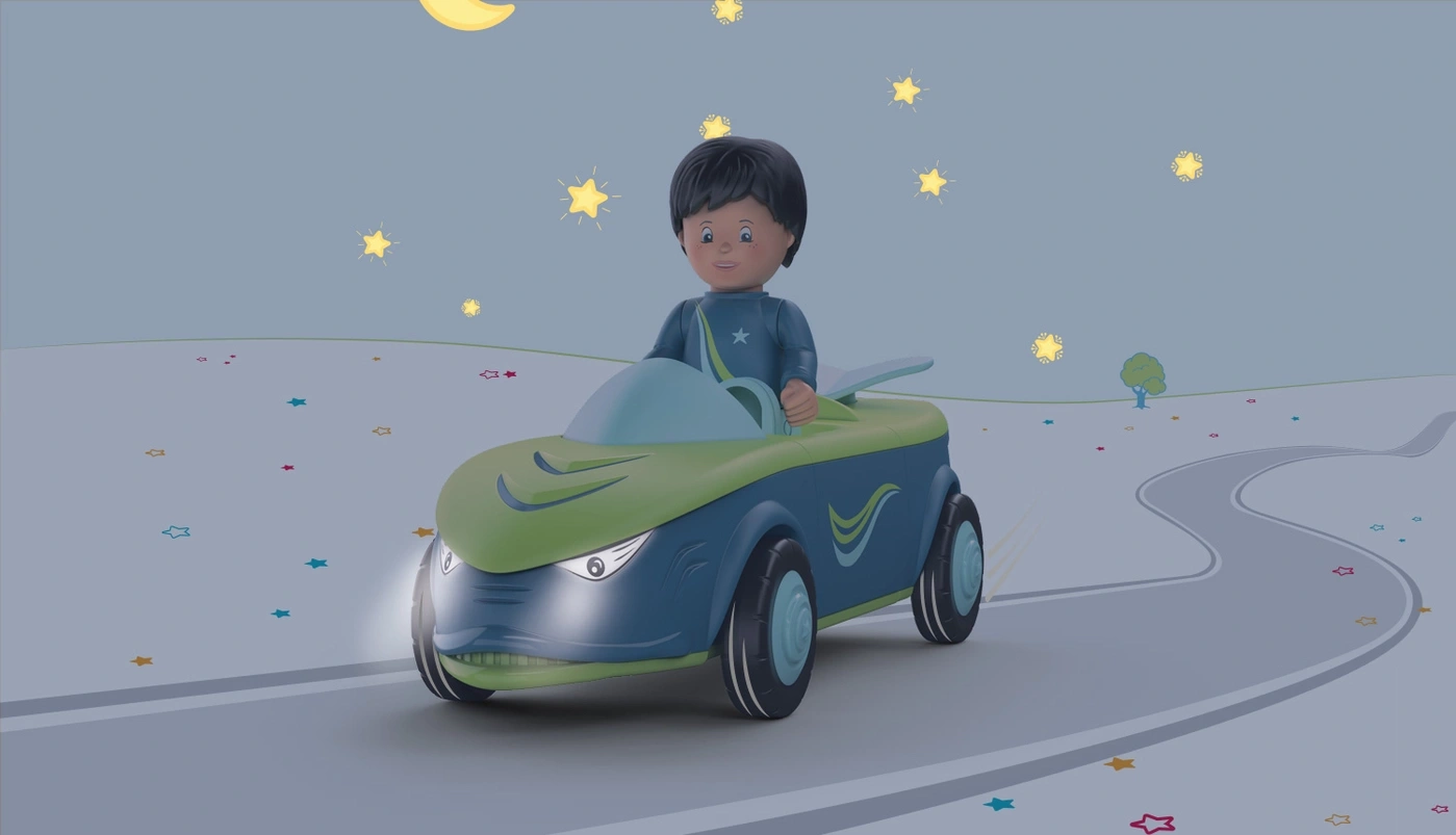 Ein Junge fährt nachts in einem Auto mit Sternen und Mond.