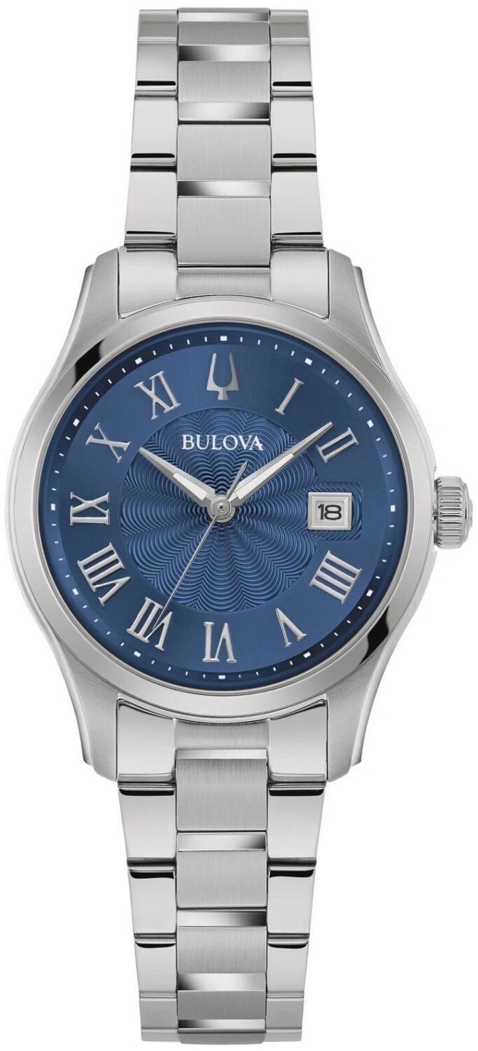 Bulova-Uhr mit blauem Zifferblatt und römischen Ziffern, Edelstahlarmband