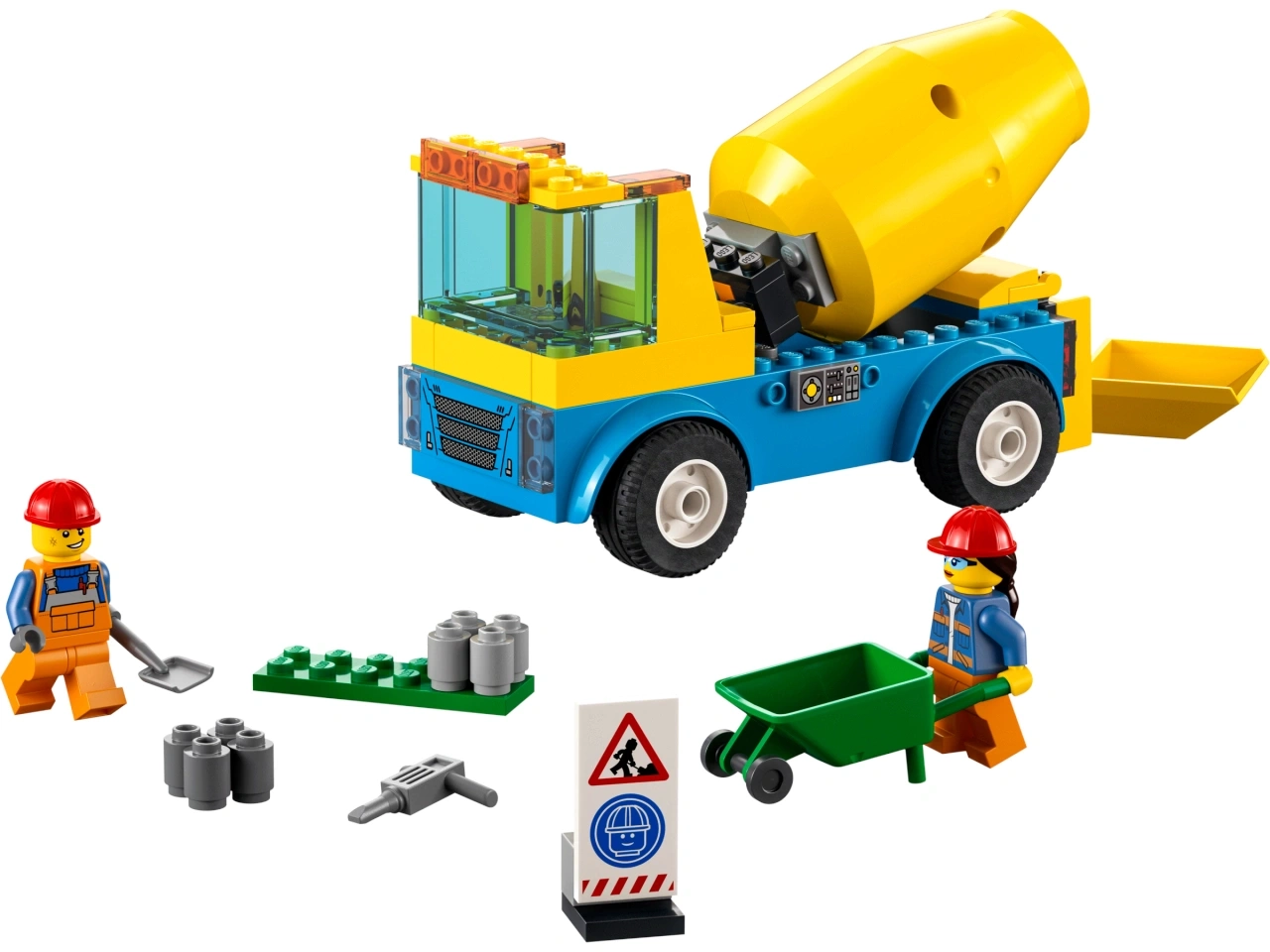 Zwei LEGO-Arbeiter mit einem Zementmischer und Baustellenzubehör.