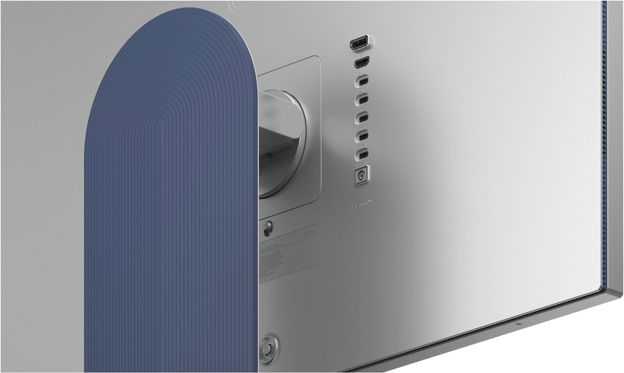 Ein Monitor mit Anschlüssen und einem blauen Designelement.