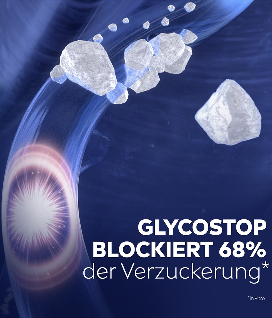 Glycostop blockiert 68% der Verzuckerung. Bild mit weißen Steinen und blauem Hintergrund.