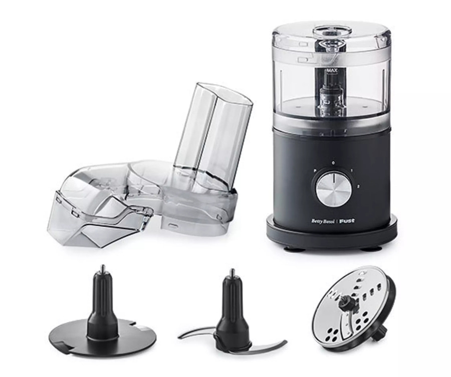 Küchenmaschine mit Zubehör, schwarz und transparent, für die Zubereitung von Speisen