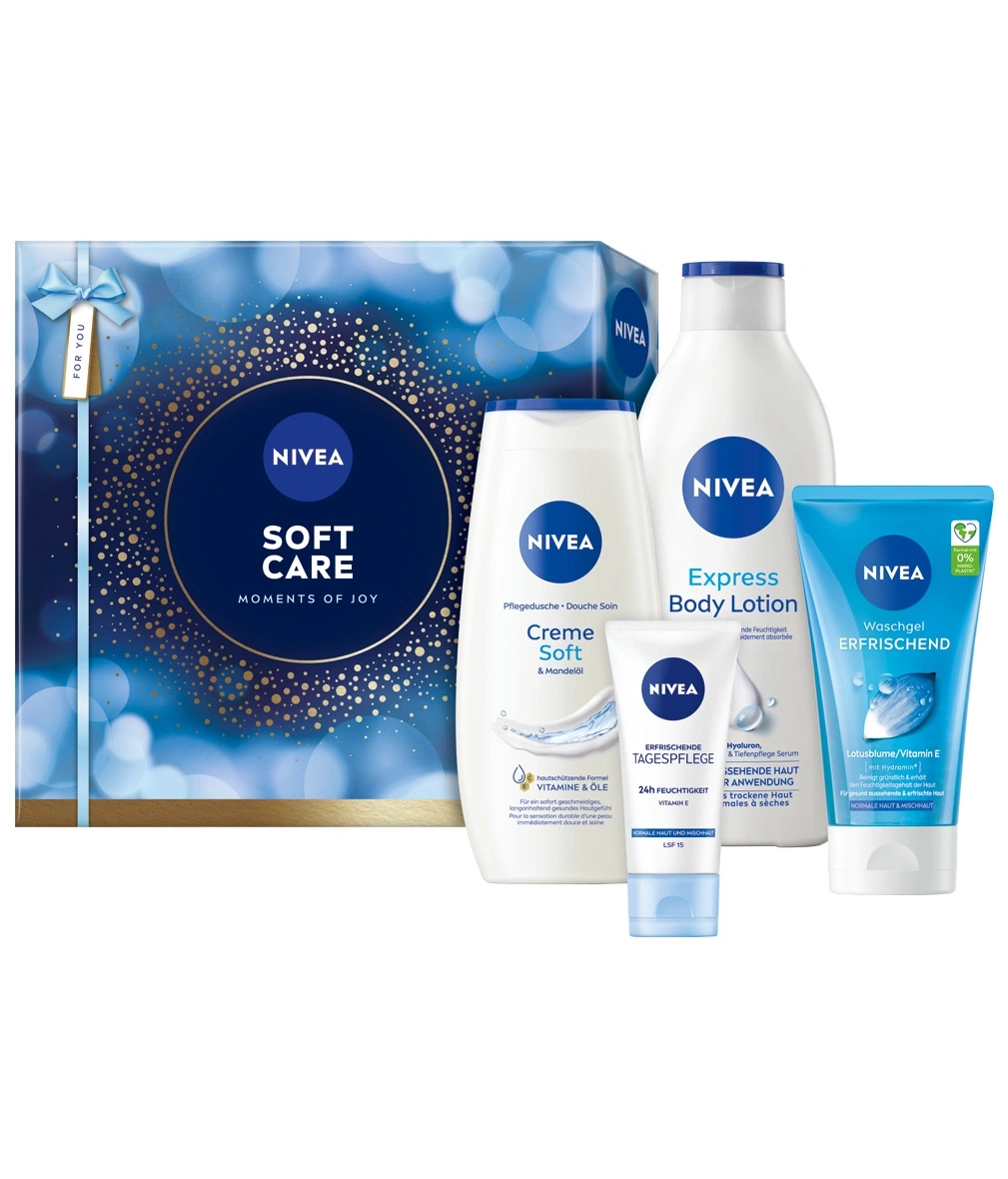 Nivea Soft Care Geschenkset mit Duschgel, Bodylotion, Gesichtscreme und Waschgel