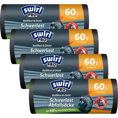 SWIRL Müllbeutel 60 l Zugband 4er Pack á 12 Stück Schwerlast Müllsack NEU